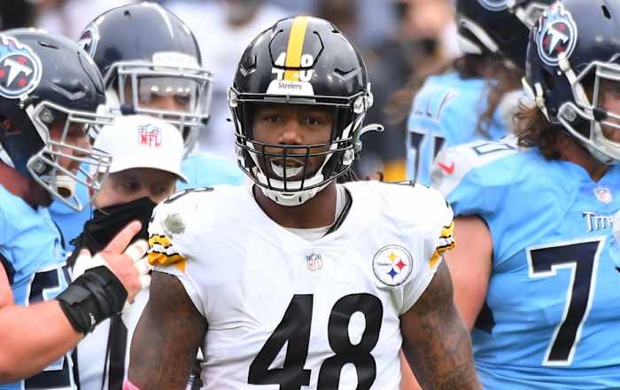 Pittsburgh Steelers outside linebacker Bud Dupree (48) after a defensive stop against the Tennessee Titans at Nissan Stadium.